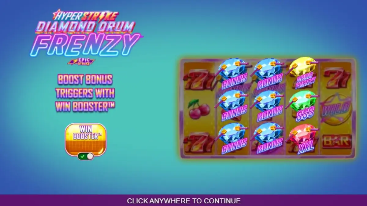 Tampilan visual slot Hyper Strike Diamond Drum Frenzy dengan nuansa neon retro