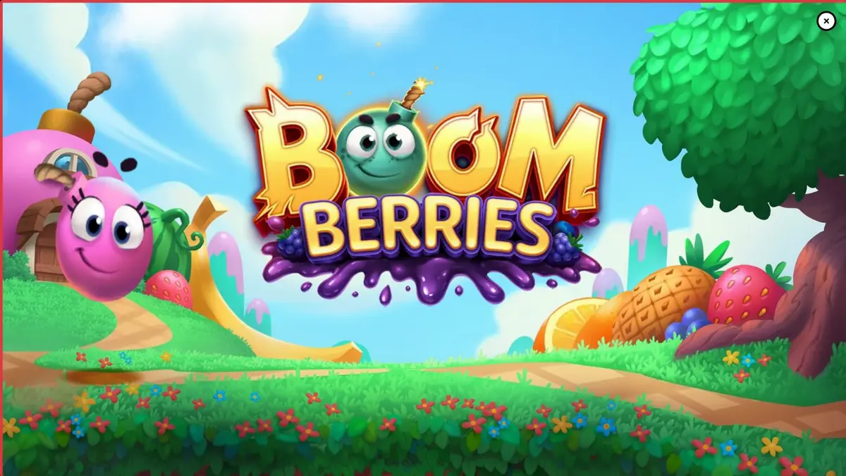 Pemandangan desa dongeng penuh buah raksasa di slot Boomberries