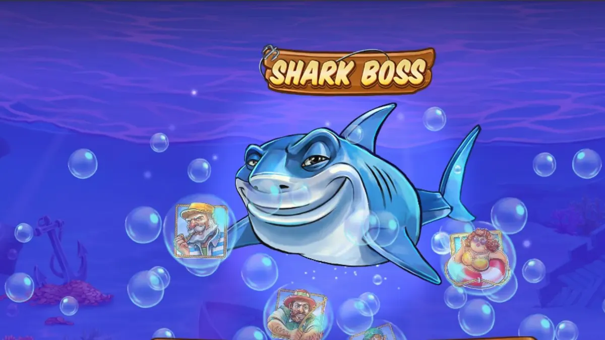 Tampilan visual slot Shark Boss dengan hiu di atas perahu